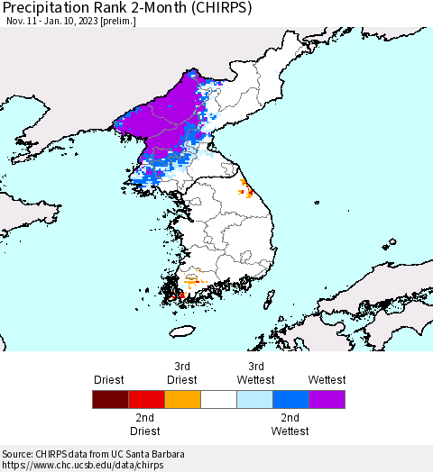 Korea Precipitation Rank 2-Month (CHIRPS) Thematic Map For 11/11/2022 - 1/10/2023