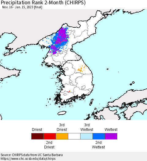 Korea Precipitation Rank since 1981, 2-Month (CHIRPS) Thematic Map For 11/16/2022 - 1/15/2023