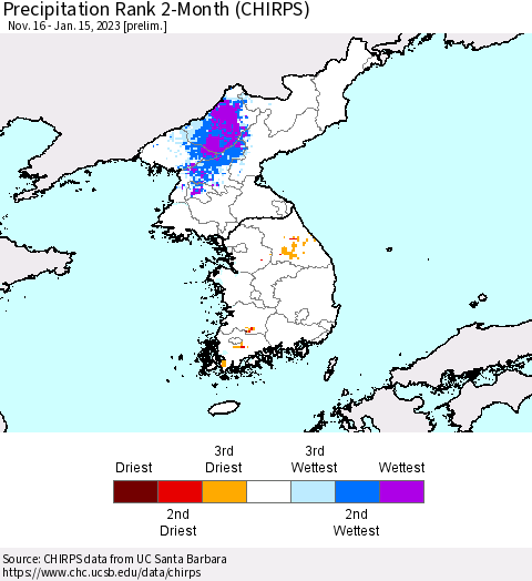 Korea Precipitation Rank 2-Month (CHIRPS) Thematic Map For 11/16/2022 - 1/15/2023
