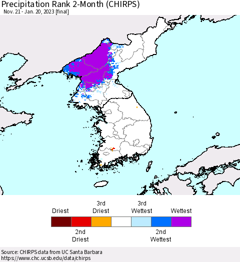 Korea Precipitation Rank since 1981, 2-Month (CHIRPS) Thematic Map For 11/21/2022 - 1/20/2023