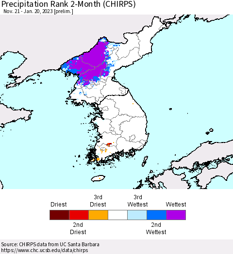 Korea Precipitation Rank 2-Month (CHIRPS) Thematic Map For 11/21/2022 - 1/20/2023
