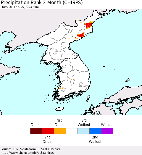 Korea Precipitation Rank since 1981, 2-Month (CHIRPS) Thematic Map For 12/26/2022 - 2/25/2023