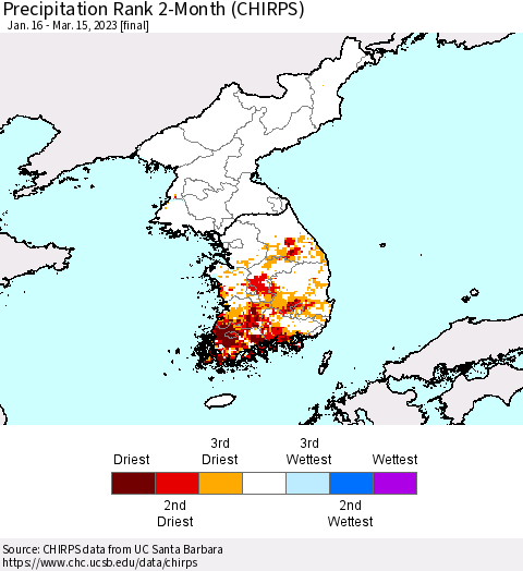 Korea Precipitation Rank since 1981, 2-Month (CHIRPS) Thematic Map For 1/16/2023 - 3/15/2023