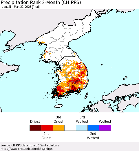 Korea Precipitation Rank since 1981, 2-Month (CHIRPS) Thematic Map For 1/21/2023 - 3/20/2023