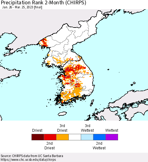 Korea Precipitation Rank since 1981, 2-Month (CHIRPS) Thematic Map For 1/26/2023 - 3/25/2023