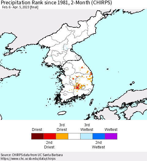 Korea Precipitation Rank since 1981, 2-Month (CHIRPS) Thematic Map For 2/6/2023 - 4/5/2023