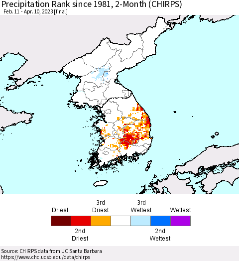 Korea Precipitation Rank since 1981, 2-Month (CHIRPS) Thematic Map For 2/11/2023 - 4/10/2023