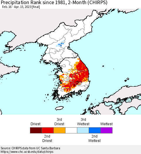 Korea Precipitation Rank since 1981, 2-Month (CHIRPS) Thematic Map For 2/16/2023 - 4/15/2023