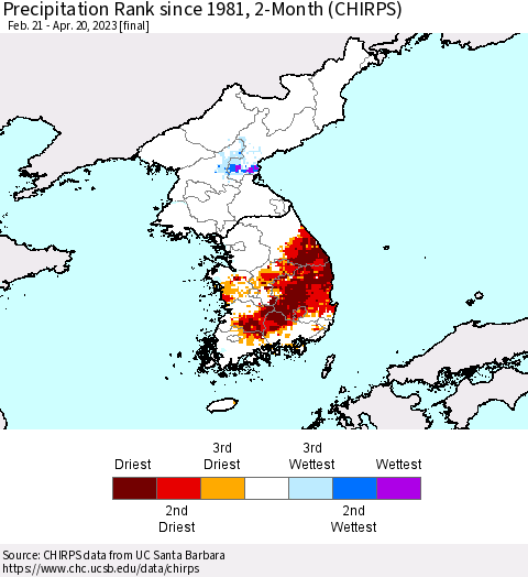 Korea Precipitation Rank since 1981, 2-Month (CHIRPS) Thematic Map For 2/21/2023 - 4/20/2023