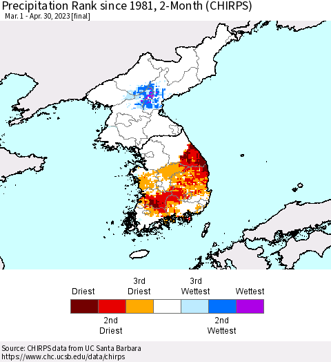 Korea Precipitation Rank since 1981, 2-Month (CHIRPS) Thematic Map For 3/1/2023 - 4/30/2023
