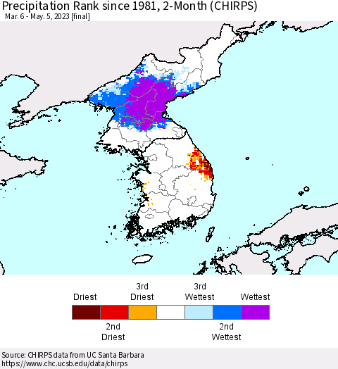 Korea Precipitation Rank since 1981, 2-Month (CHIRPS) Thematic Map For 3/6/2023 - 5/5/2023