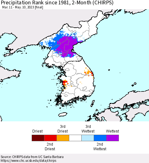 Korea Precipitation Rank since 1981, 2-Month (CHIRPS) Thematic Map For 3/11/2023 - 5/10/2023
