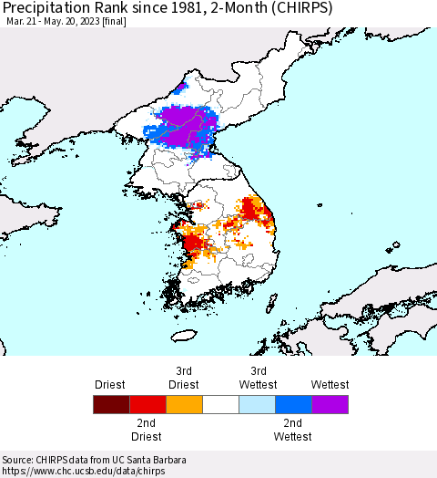 Korea Precipitation Rank since 1981, 2-Month (CHIRPS) Thematic Map For 3/21/2023 - 5/20/2023