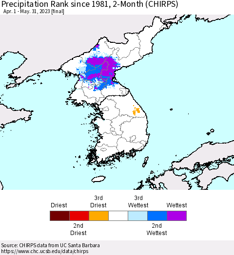 Korea Precipitation Rank since 1981, 2-Month (CHIRPS) Thematic Map For 4/1/2023 - 5/31/2023