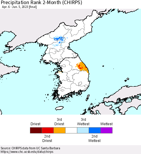 Korea Precipitation Rank since 1981, 2-Month (CHIRPS) Thematic Map For 4/6/2023 - 6/5/2023