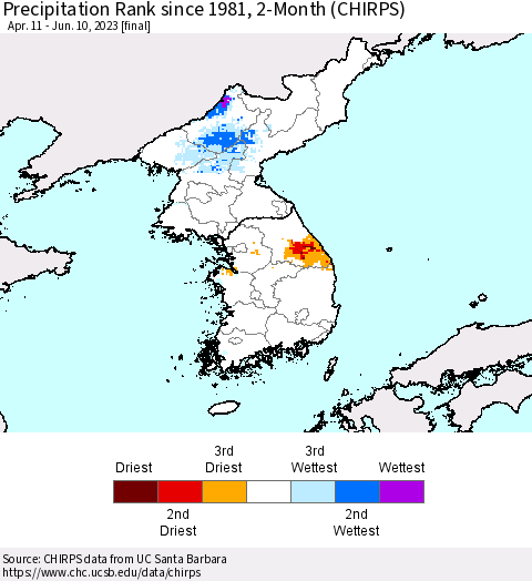 Korea Precipitation Rank since 1981, 2-Month (CHIRPS) Thematic Map For 4/11/2023 - 6/10/2023