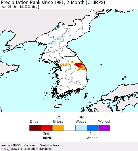 Korea Precipitation Rank since 1981, 2-Month (CHIRPS) Thematic Map For 4/16/2023 - 6/15/2023
