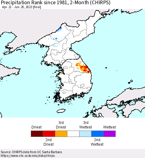 Korea Precipitation Rank since 1981, 2-Month (CHIRPS) Thematic Map For 4/21/2023 - 6/20/2023