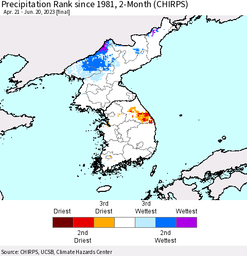 Korea Precipitation Rank since 1981, 2-Month (CHIRPS) Thematic Map For 4/21/2023 - 6/20/2023