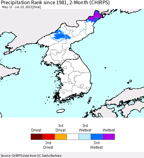 Korea Precipitation Rank since 1981, 2-Month (CHIRPS) Thematic Map For 5/11/2023 - 7/10/2023
