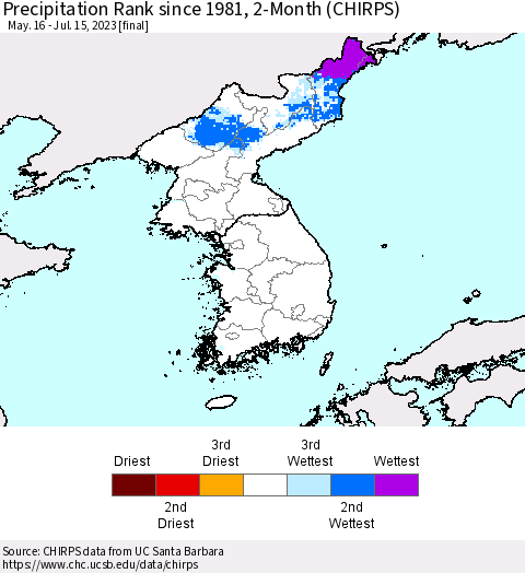 Korea Precipitation Rank since 1981, 2-Month (CHIRPS) Thematic Map For 5/16/2023 - 7/15/2023