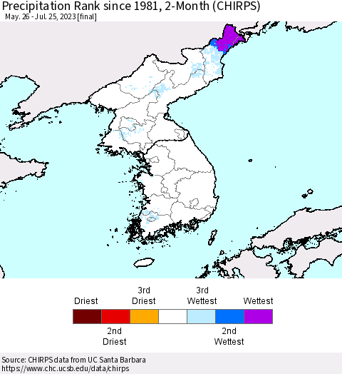Korea Precipitation Rank since 1981, 2-Month (CHIRPS) Thematic Map For 5/26/2023 - 7/25/2023