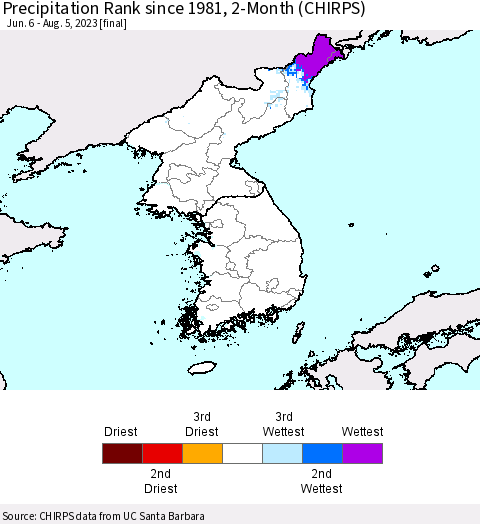 Korea Precipitation Rank since 1981, 2-Month (CHIRPS) Thematic Map For 6/6/2023 - 8/5/2023