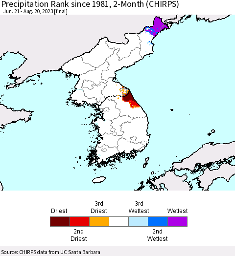 Korea Precipitation Rank since 1981, 2-Month (CHIRPS) Thematic Map For 6/21/2023 - 8/20/2023