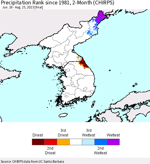 Korea Precipitation Rank since 1981, 2-Month (CHIRPS) Thematic Map For 6/26/2023 - 8/25/2023