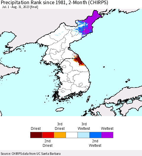 Korea Precipitation Rank since 1981, 2-Month (CHIRPS) Thematic Map For 7/1/2023 - 8/31/2023