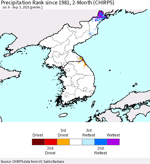 Korea Precipitation Rank since 1981, 2-Month (CHIRPS) Thematic Map For 7/6/2023 - 9/5/2023