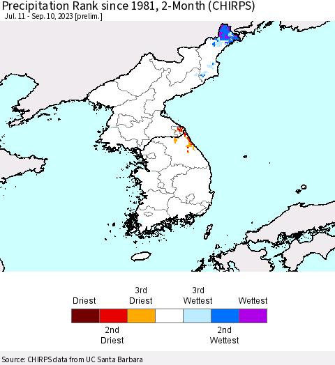 Korea Precipitation Rank since 1981, 2-Month (CHIRPS) Thematic Map For 7/11/2023 - 9/10/2023