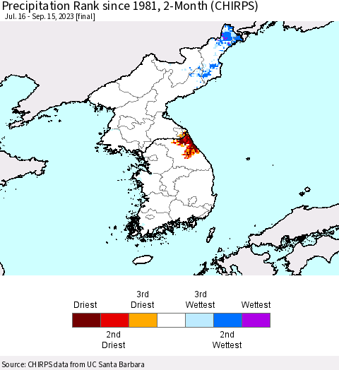 Korea Precipitation Rank since 1981, 2-Month (CHIRPS) Thematic Map For 7/16/2023 - 9/15/2023