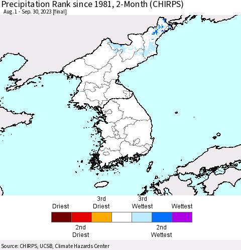 Korea Precipitation Rank since 1981, 2-Month (CHIRPS) Thematic Map For 8/1/2023 - 9/30/2023