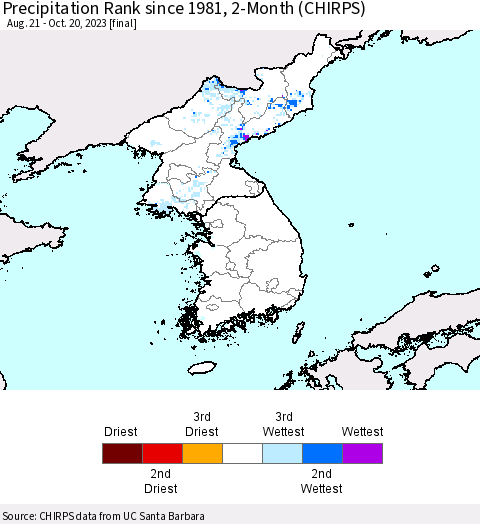 Korea Precipitation Rank since 1981, 2-Month (CHIRPS) Thematic Map For 8/21/2023 - 10/20/2023