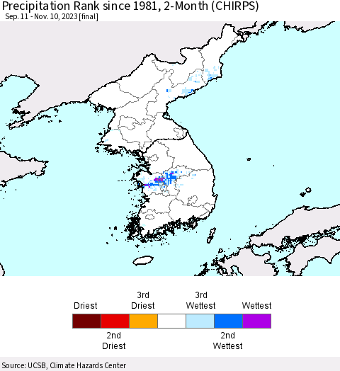 Korea Precipitation Rank since 1981, 2-Month (CHIRPS) Thematic Map For 9/11/2023 - 11/10/2023