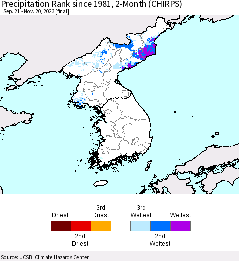 Korea Precipitation Rank since 1981, 2-Month (CHIRPS) Thematic Map For 9/21/2023 - 11/20/2023