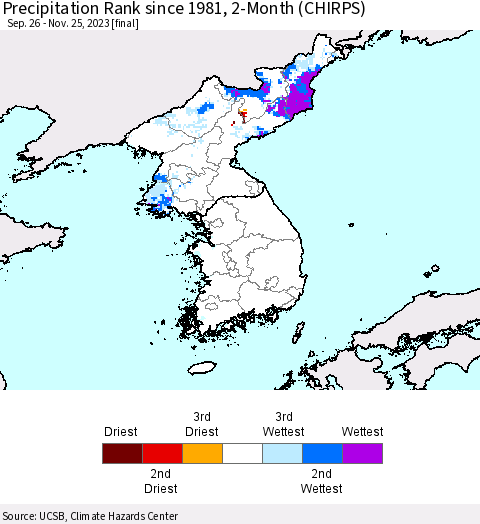 Korea Precipitation Rank since 1981, 2-Month (CHIRPS) Thematic Map For 9/26/2023 - 11/25/2023