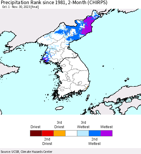 Korea Precipitation Rank since 1981, 2-Month (CHIRPS) Thematic Map For 10/1/2023 - 11/30/2023