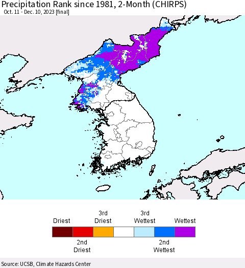 Korea Precipitation Rank since 1981, 2-Month (CHIRPS) Thematic Map For 10/11/2023 - 12/10/2023