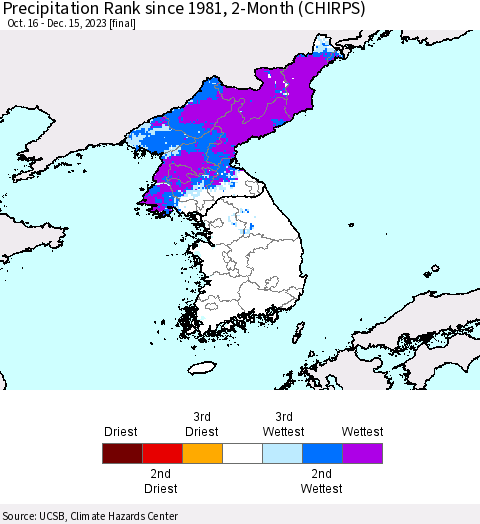 Korea Precipitation Rank since 1981, 2-Month (CHIRPS) Thematic Map For 10/16/2023 - 12/15/2023