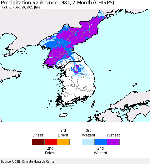 Korea Precipitation Rank since 1981, 2-Month (CHIRPS) Thematic Map For 10/21/2023 - 12/20/2023