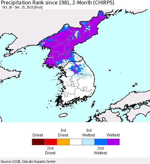 Korea Precipitation Rank since 1981, 2-Month (CHIRPS) Thematic Map For 10/26/2023 - 12/25/2023
