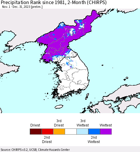 Korea Precipitation Rank since 1981, 2-Month (CHIRPS) Thematic Map For 11/1/2023 - 12/31/2023