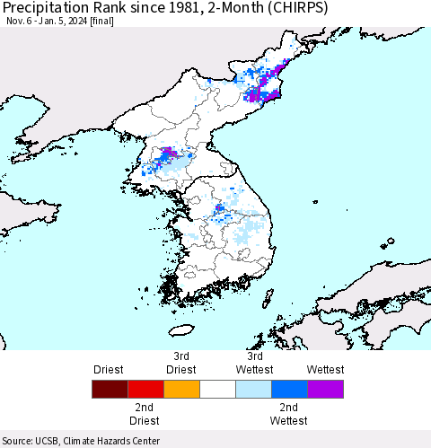 Korea Precipitation Rank since 1981, 2-Month (CHIRPS) Thematic Map For 11/6/2023 - 1/5/2024