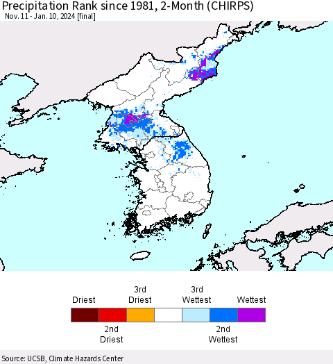 Korea Precipitation Rank since 1981, 2-Month (CHIRPS) Thematic Map For 11/11/2023 - 1/10/2024