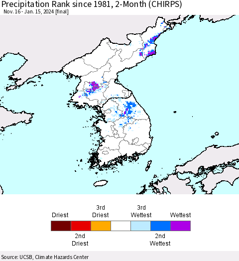 Korea Precipitation Rank since 1981, 2-Month (CHIRPS) Thematic Map For 11/16/2023 - 1/15/2024