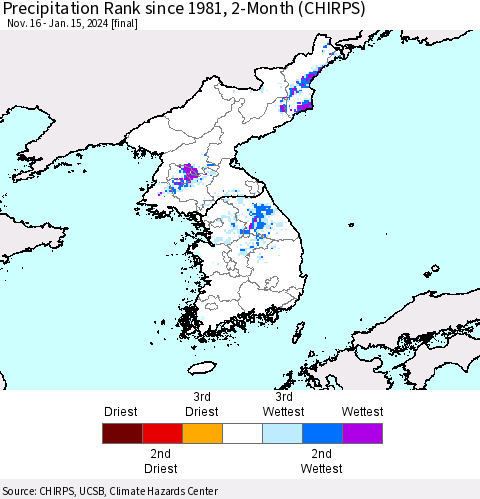 Korea Precipitation Rank since 1981, 2-Month (CHIRPS) Thematic Map For 11/16/2023 - 1/15/2024