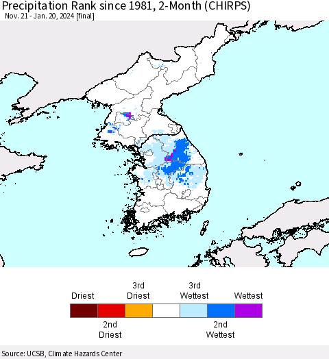 Korea Precipitation Rank since 1981, 2-Month (CHIRPS) Thematic Map For 11/21/2023 - 1/20/2024