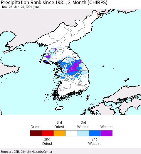Korea Precipitation Rank since 1981, 2-Month (CHIRPS) Thematic Map For 11/26/2023 - 1/25/2024